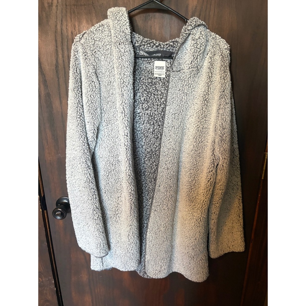 Victorias Secret PINK Sherpa Fleece Hooded Cardigan Grey Open Front One Size OS